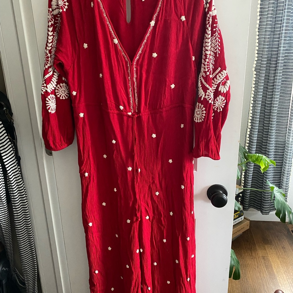 Free People Red Long Sleeve Jumpsuit with White Embroidery